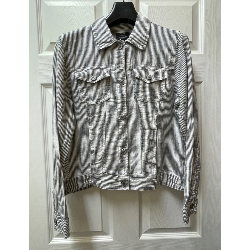Jones New York Women's Sz Medium Blue/White Striped Linen Trucker Style Jacket - Picture 3 of 15
